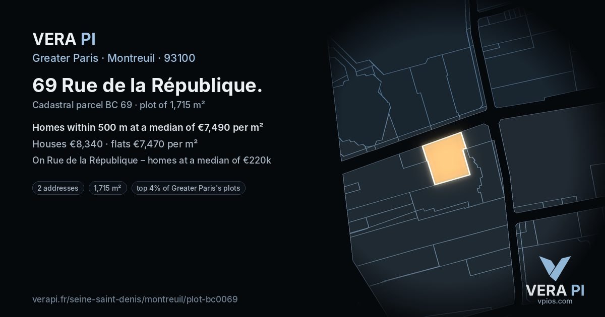 69 Rue de la République, Montreuil at night – the plot lit, the parcels around coloured by the prices near them