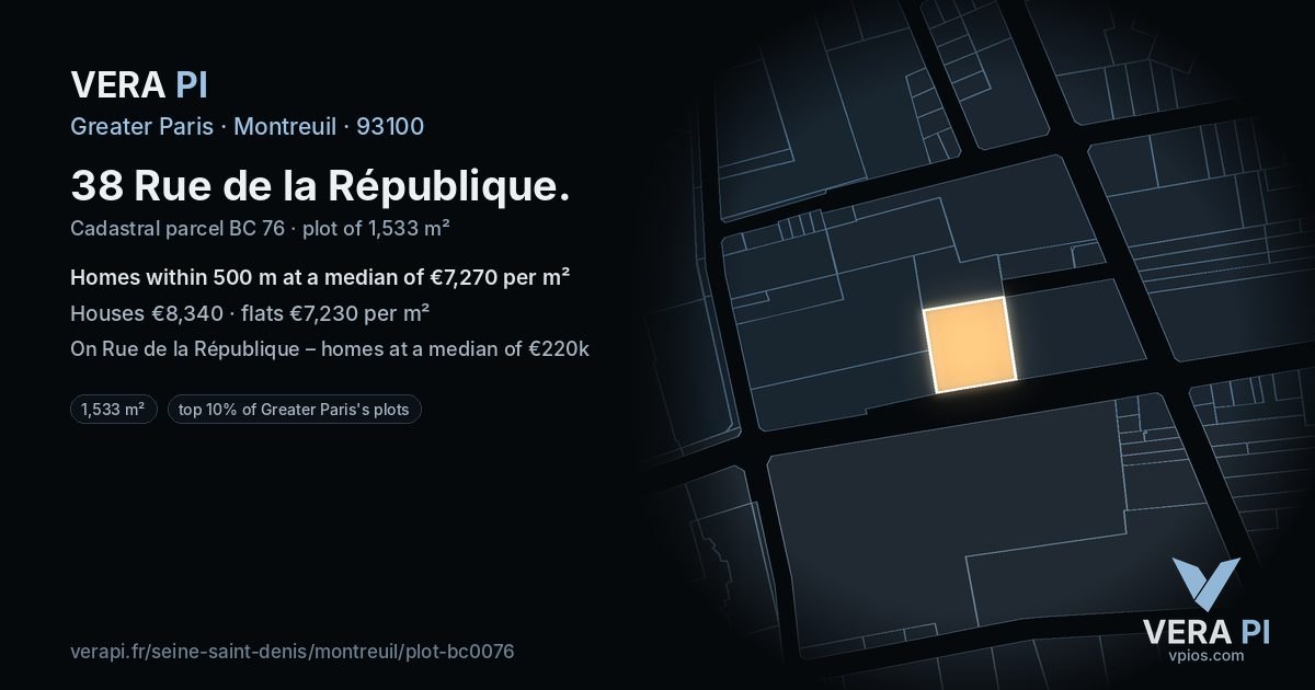 38 Rue de la République, Montreuil at night – the plot lit, the parcels around coloured by the prices near them