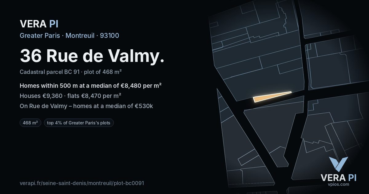 36 Rue de Valmy, Montreuil at night – the plot lit, the parcels around coloured by the prices near them
