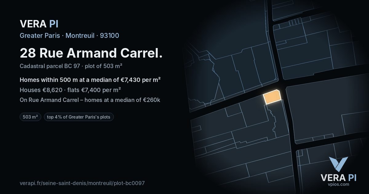 28 Rue Armand Carrel, Montreuil at night – the plot lit, the parcels around coloured by the prices near them