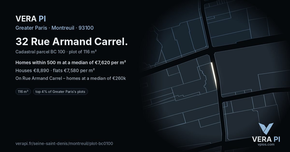 32 Rue Armand Carrel, Montreuil at night – the plot lit, the parcels around coloured by the prices near them