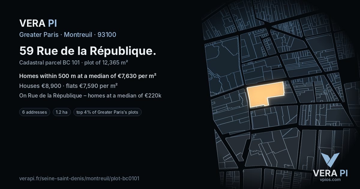 59 Rue de la République, Montreuil at night – the plot lit, the parcels around coloured by the prices near them