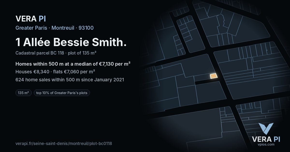 1 Allée Bessie Smith, Montreuil at night – the plot lit, the parcels around coloured by the prices near them