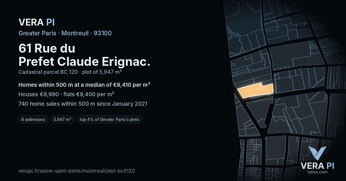 61 Rue du Prefet Claude Erignac, Montreuil at night – the plot lit, the parcels around coloured by the prices near them