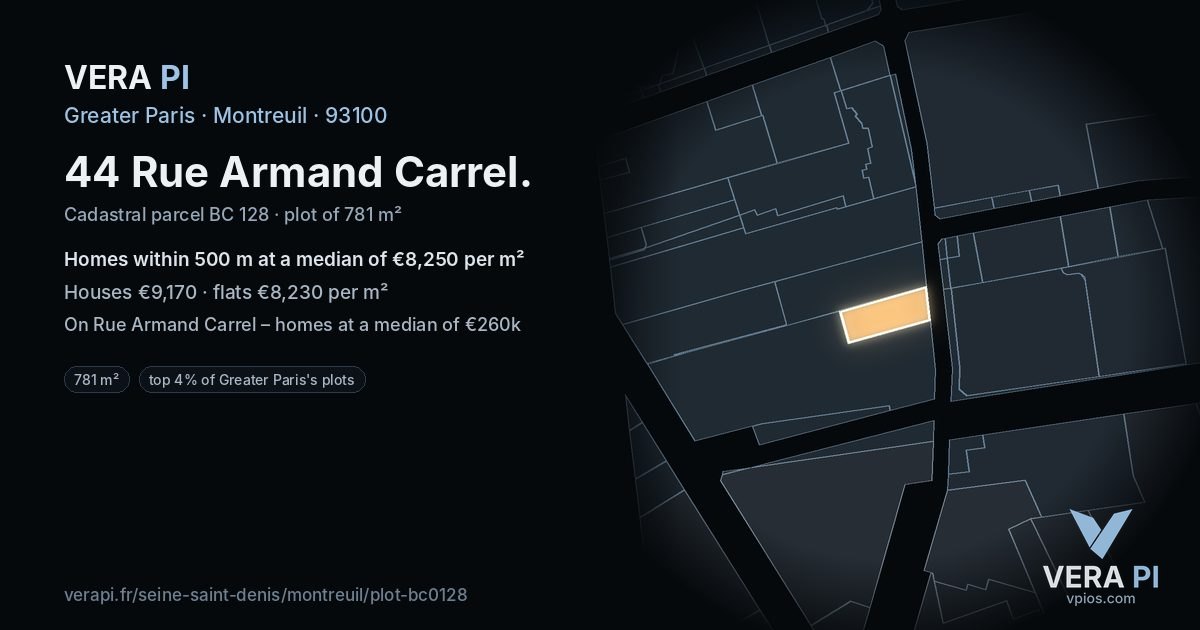 44 Rue Armand Carrel, Montreuil at night – the plot lit, the parcels around coloured by the prices near them