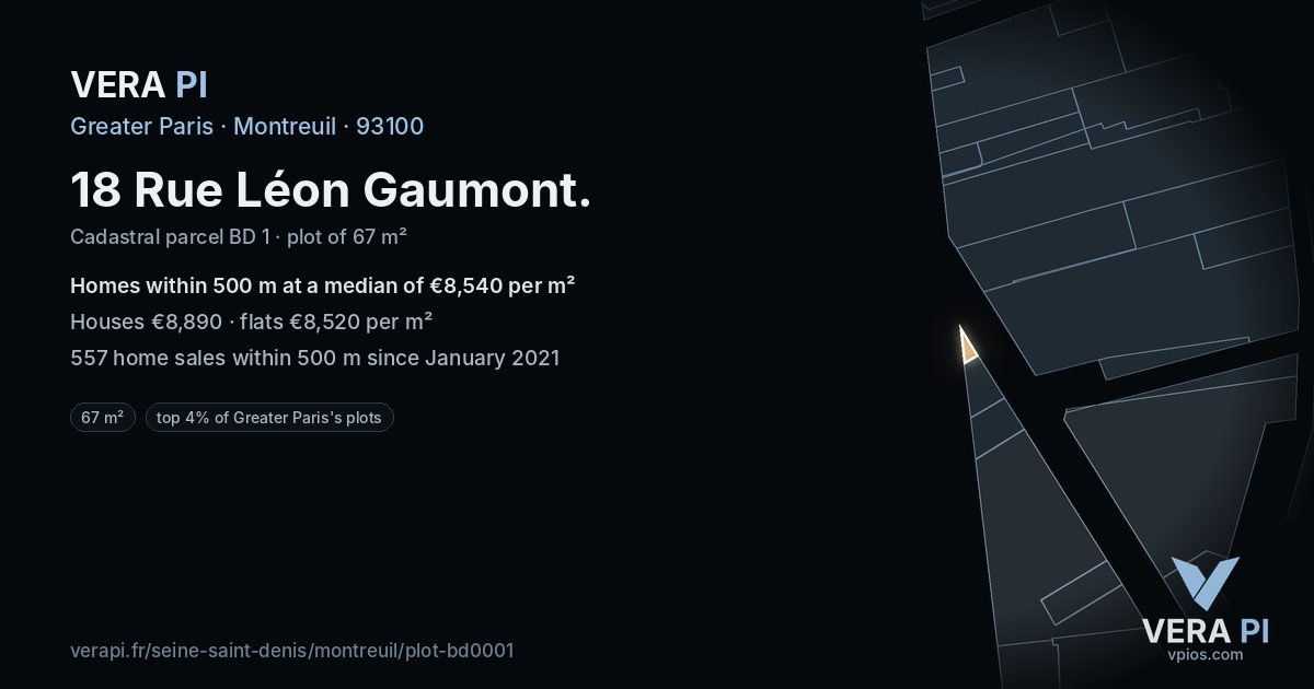18 Rue Léon Gaumont, Montreuil at night – the plot lit, the parcels around coloured by the prices near them