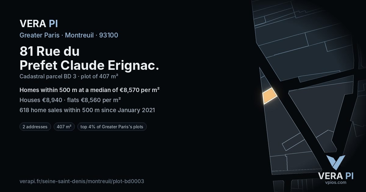 81 Rue du Prefet Claude Erignac, Montreuil at night – the plot lit, the parcels around coloured by the prices near them