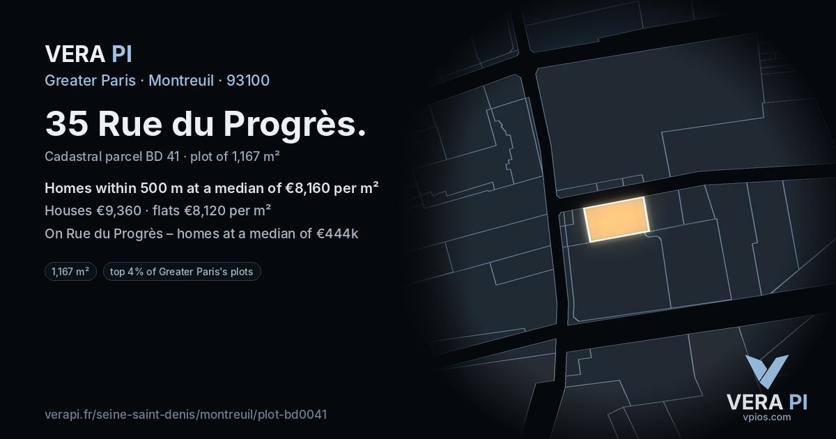35 Rue du Progrès, Montreuil at night – the plot lit, the parcels around coloured by the prices near them