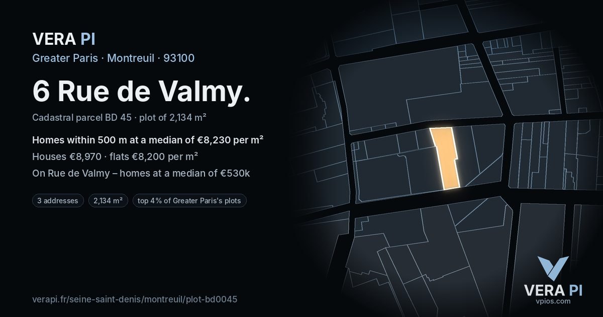 6 Rue de Valmy, Montreuil at night – the plot lit, the parcels around coloured by the prices near them