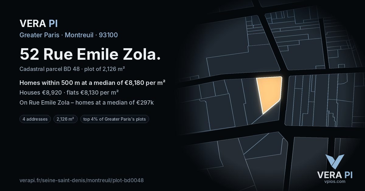 52 Rue Emile Zola, Montreuil at night – the plot lit, the parcels around coloured by the prices near them