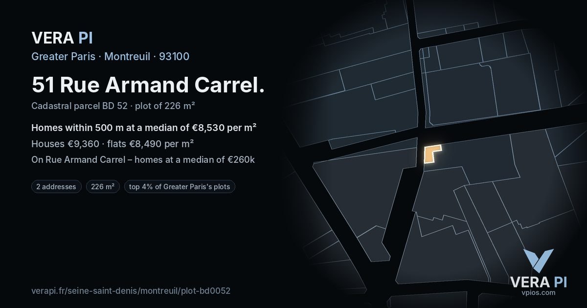 51 Rue Armand Carrel, Montreuil at night – the plot lit, the parcels around coloured by the prices near them