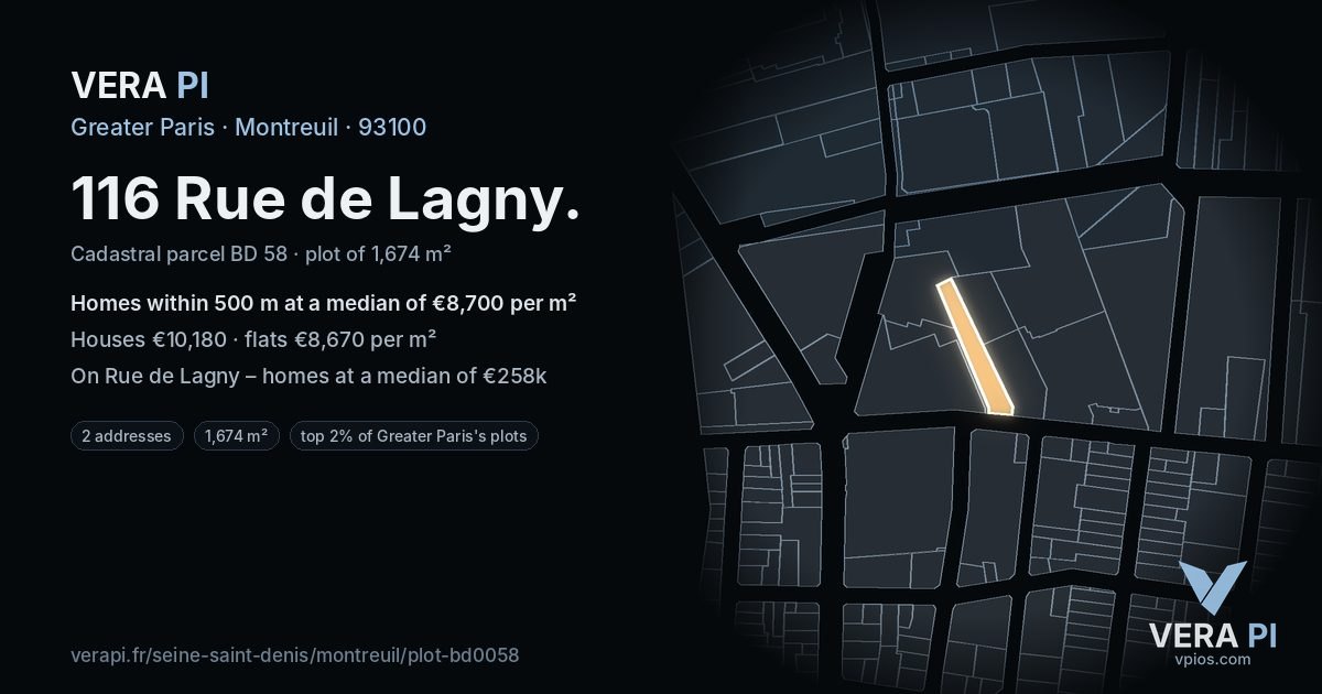 116 Rue de Lagny, Montreuil at night – the plot lit, the parcels around coloured by the prices near them