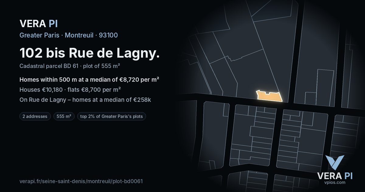 102 bis Rue de Lagny, Montreuil at night – the plot lit, the parcels around coloured by the prices near them