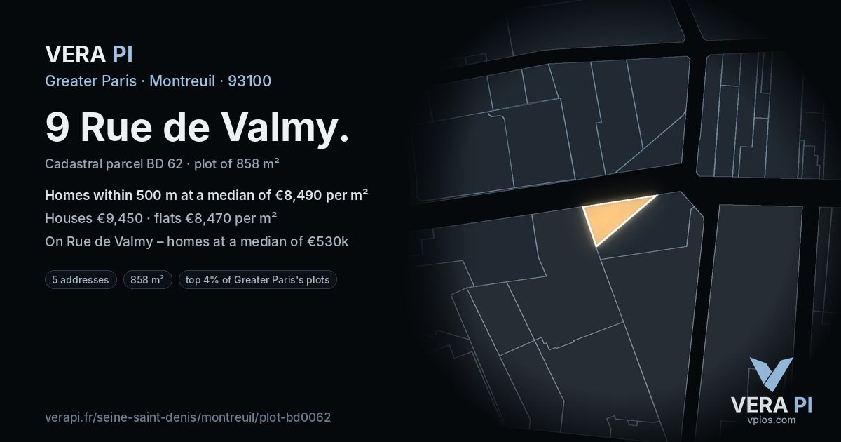 9 Rue de Valmy, Montreuil at night – the plot lit, the parcels around coloured by the prices near them