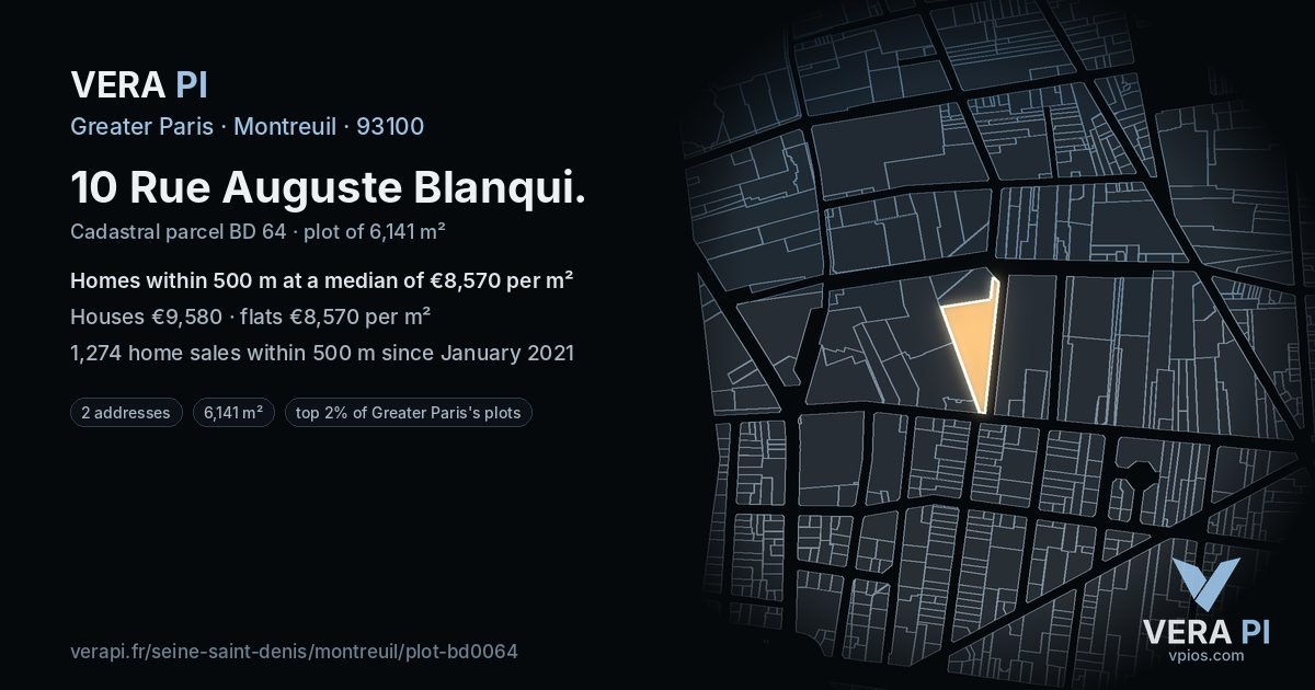 10 Rue Auguste Blanqui, Montreuil at night – the plot lit, the parcels around coloured by the prices near them