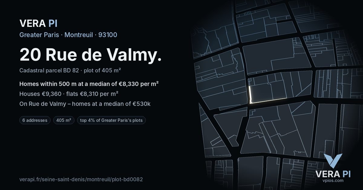 20 Rue de Valmy, Montreuil at night – the plot lit, the parcels around coloured by the prices near them