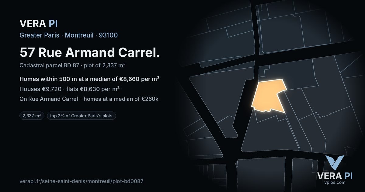 57 Rue Armand Carrel, Montreuil at night – the plot lit, the parcels around coloured by the prices near them