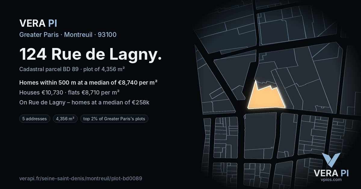 124 Rue de Lagny, Montreuil at night – the plot lit, the parcels around coloured by the prices near them