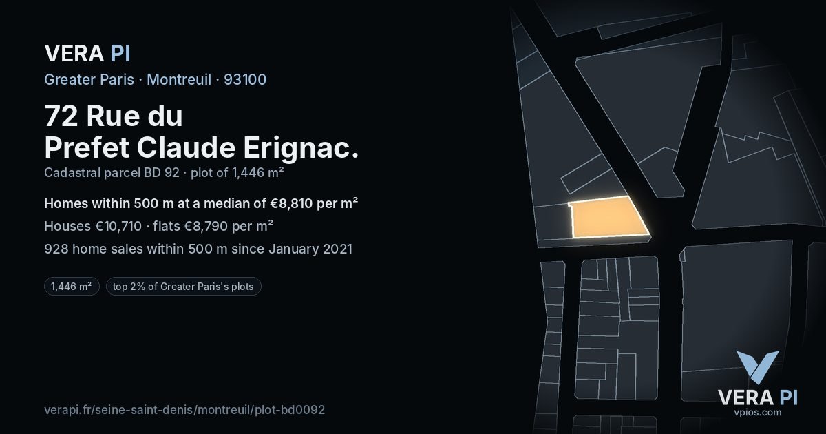 72 Rue du Prefet Claude Erignac, Montreuil at night – the plot lit, the parcels around coloured by the prices near them