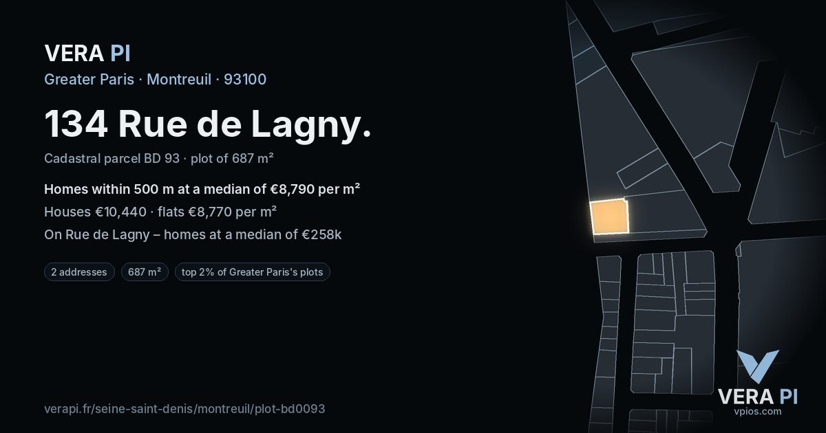 134 Rue de Lagny, Montreuil at night – the plot lit, the parcels around coloured by the prices near them
