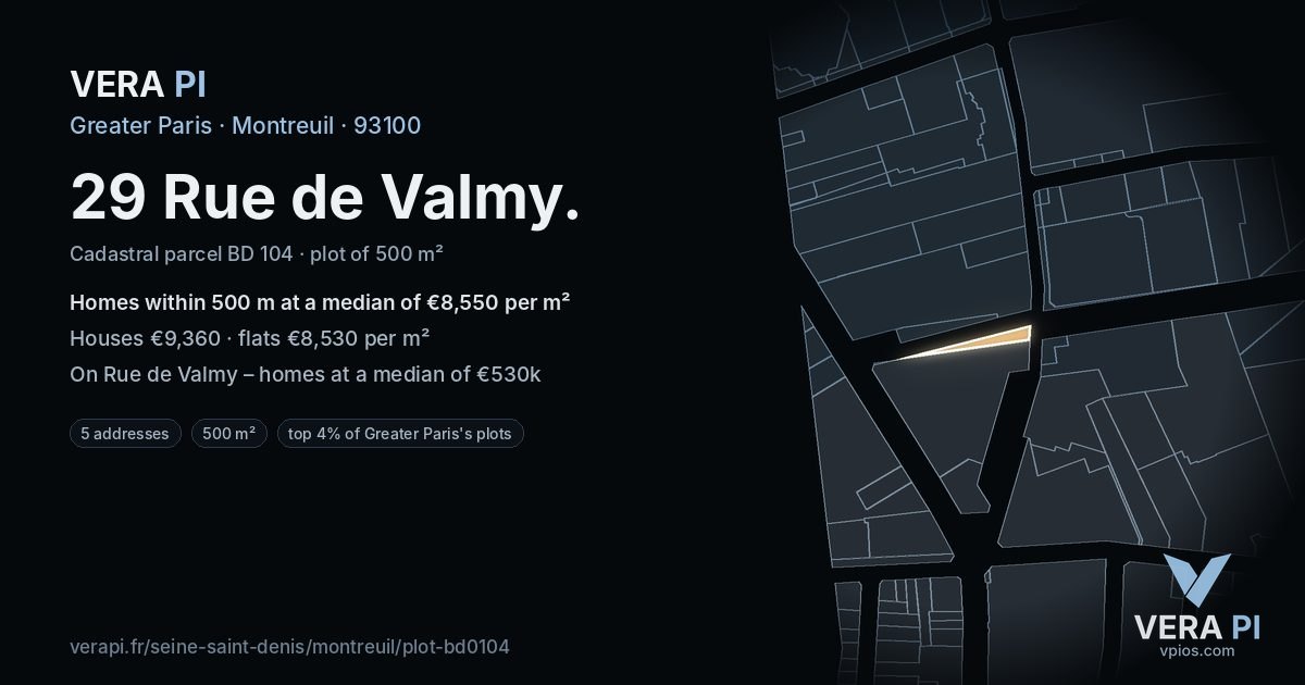 29 Rue de Valmy, Montreuil at night – the plot lit, the parcels around coloured by the prices near them