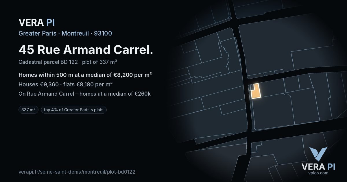 45 Rue Armand Carrel, Montreuil at night – the plot lit, the parcels around coloured by the prices near them