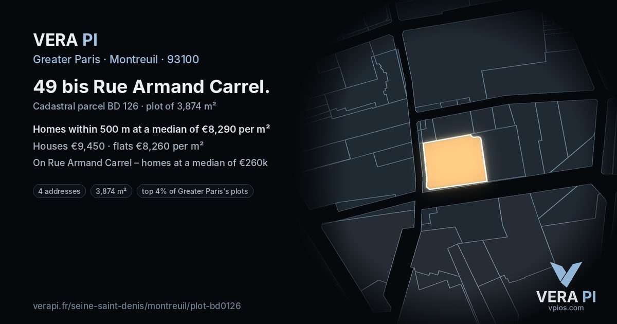 49 bis Rue Armand Carrel, Montreuil at night – the plot lit, the parcels around coloured by the prices near them