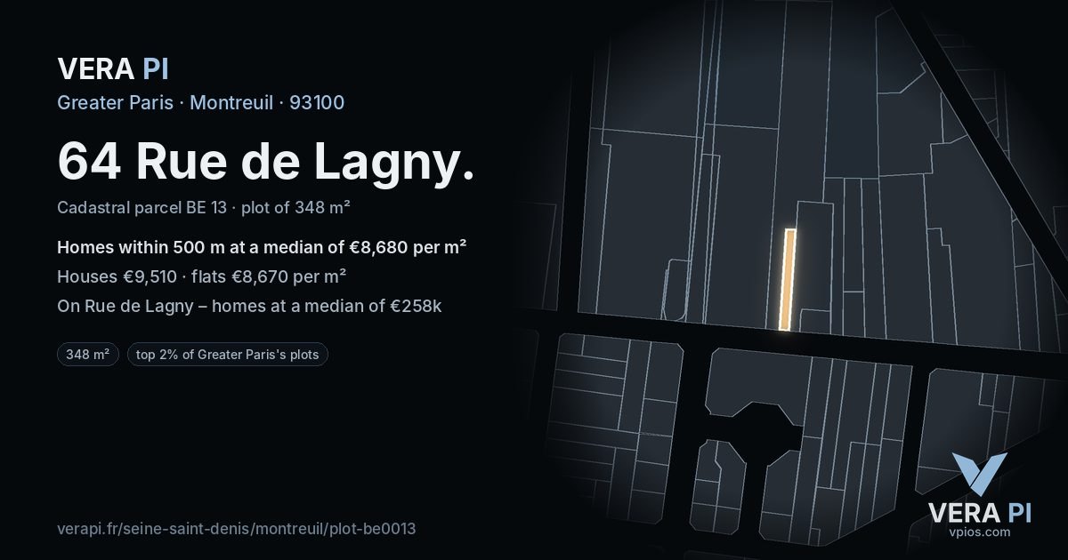 64 Rue de Lagny, Montreuil at night – the plot lit, the parcels around coloured by the prices near them