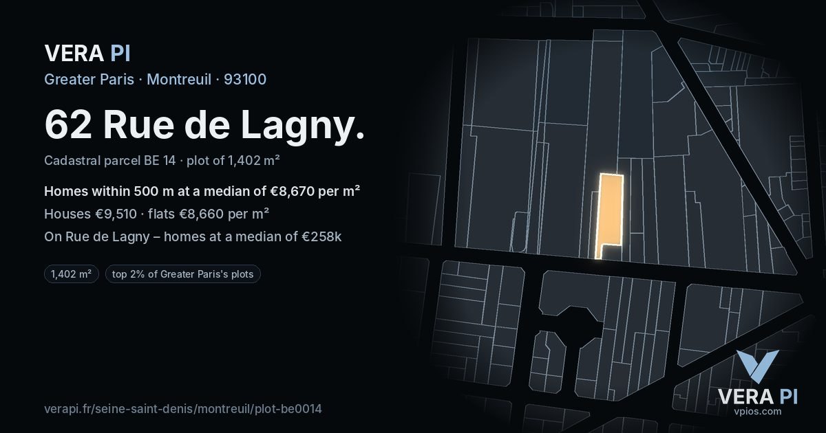 62 Rue de Lagny, Montreuil at night – the plot lit, the parcels around coloured by the prices near them