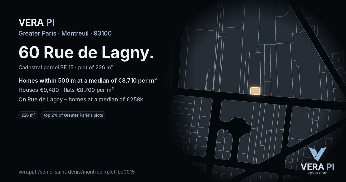60 Rue de Lagny, Montreuil at night – the plot lit, the parcels around coloured by the prices near them