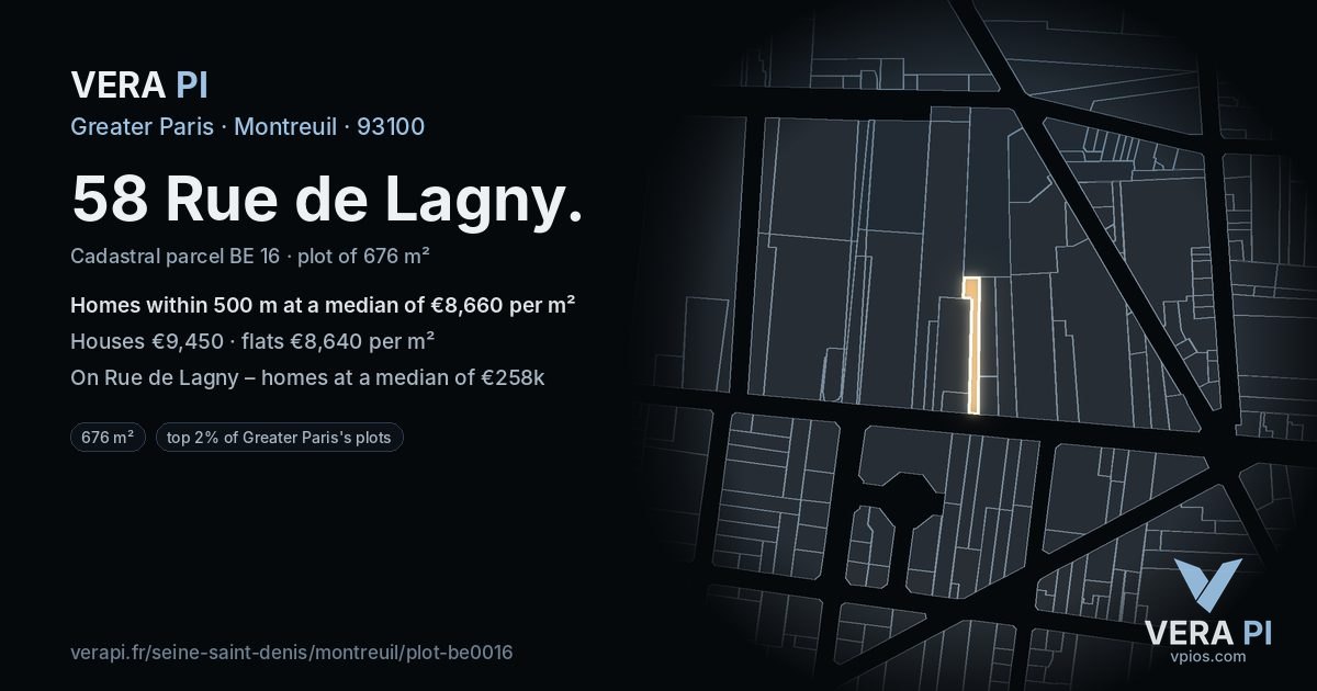 58 Rue de Lagny, Montreuil at night – the plot lit, the parcels around coloured by the prices near them