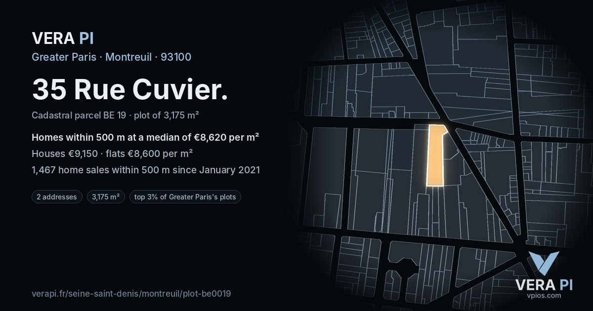 35 Rue Cuvier, Montreuil at night – the plot lit, the parcels around coloured by the prices near them