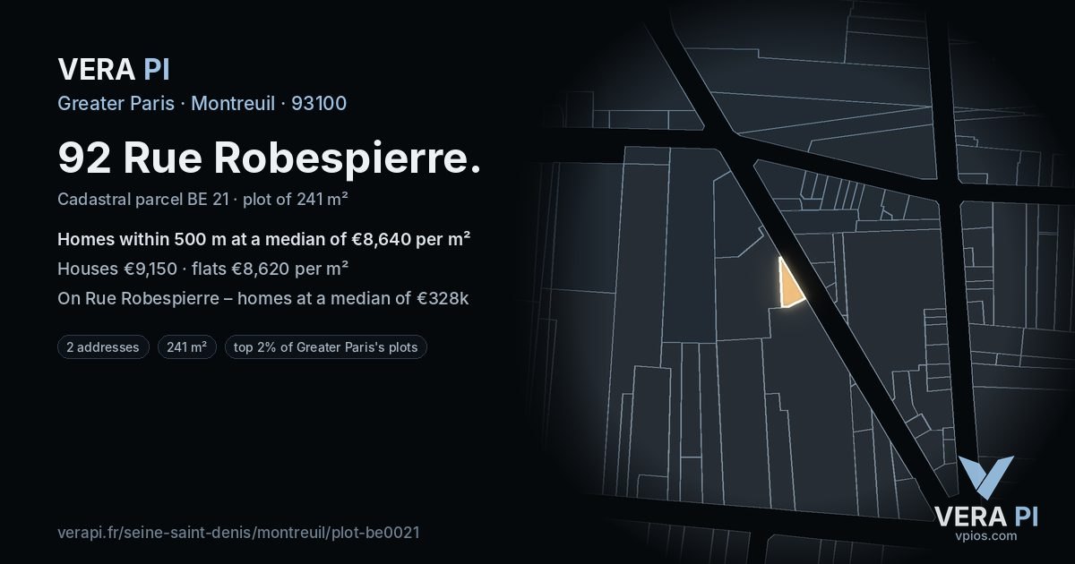 92 Rue Robespierre, Montreuil at night – the plot lit, the parcels around coloured by the prices near them