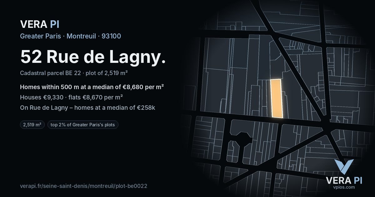 52 Rue de Lagny, Montreuil at night – the plot lit, the parcels around coloured by the prices near them