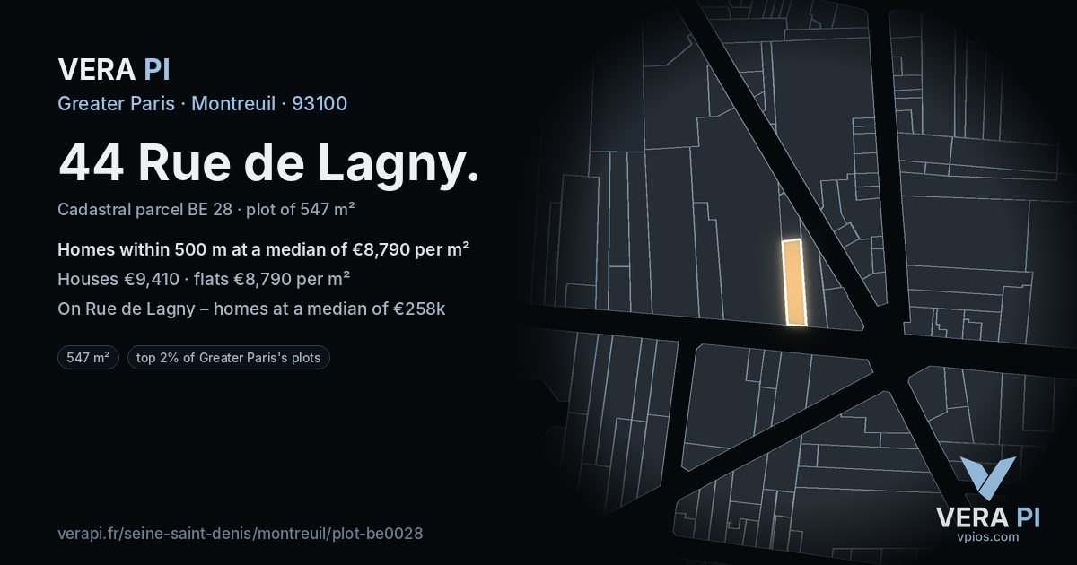 44 Rue de Lagny, Montreuil at night – the plot lit, the parcels around coloured by the prices near them