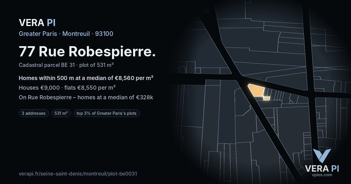 77 Rue Robespierre, Montreuil at night – the plot lit, the parcels around coloured by the prices near them