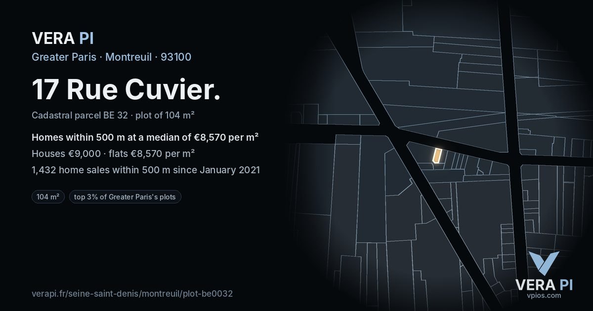 17 Rue Cuvier, Montreuil at night – the plot lit, the parcels around coloured by the prices near them