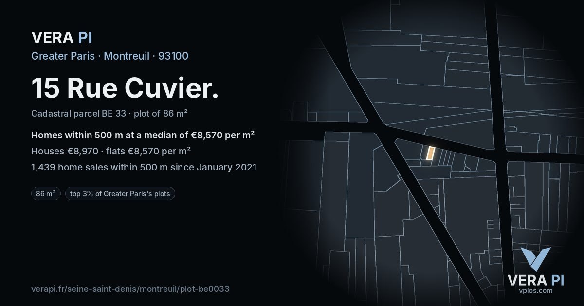 15 Rue Cuvier, Montreuil at night – the plot lit, the parcels around coloured by the prices near them