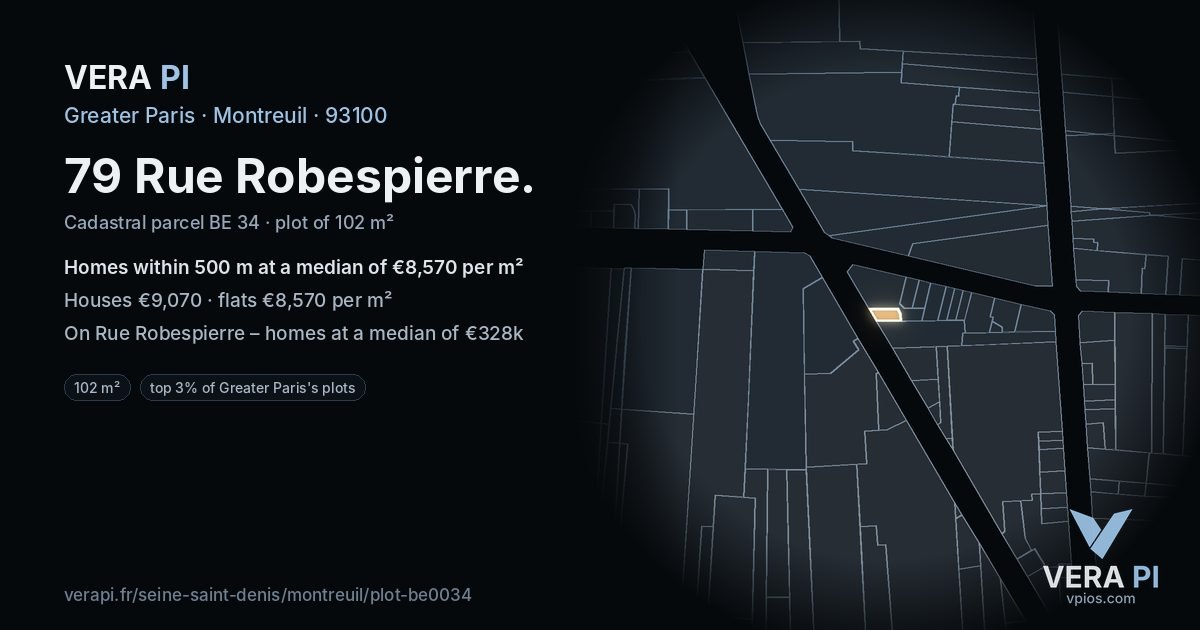 79 Rue Robespierre, Montreuil at night – the plot lit, the parcels around coloured by the prices near them