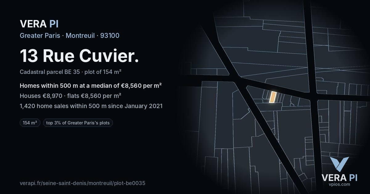 13 Rue Cuvier, Montreuil at night – the plot lit, the parcels around coloured by the prices near them