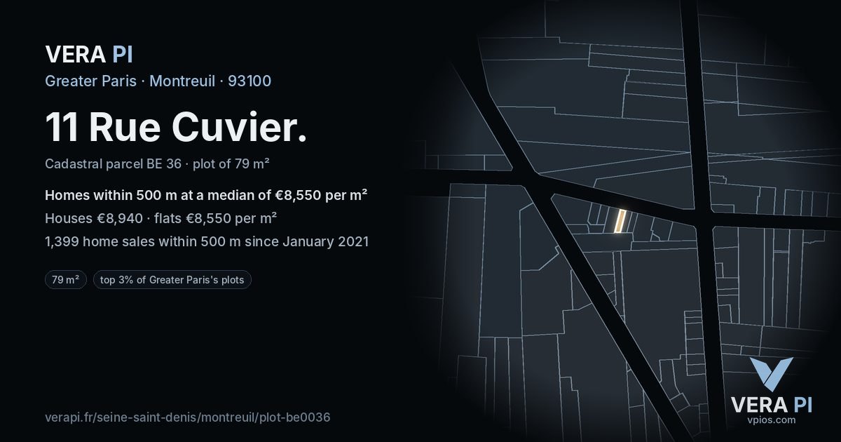 11 Rue Cuvier, Montreuil at night – the plot lit, the parcels around coloured by the prices near them