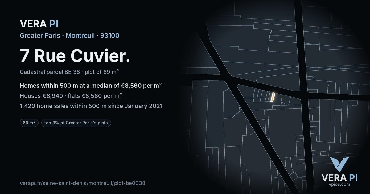 7 Rue Cuvier, Montreuil at night – the plot lit, the parcels around coloured by the prices near them