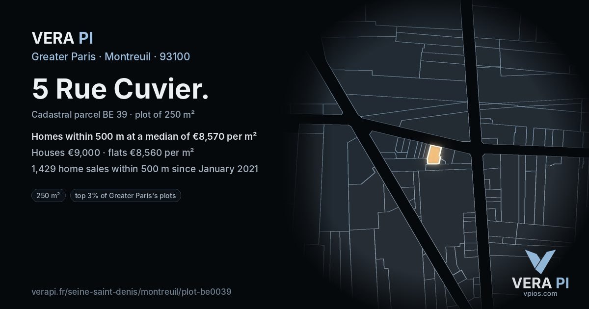 5 Rue Cuvier, Montreuil at night – the plot lit, the parcels around coloured by the prices near them
