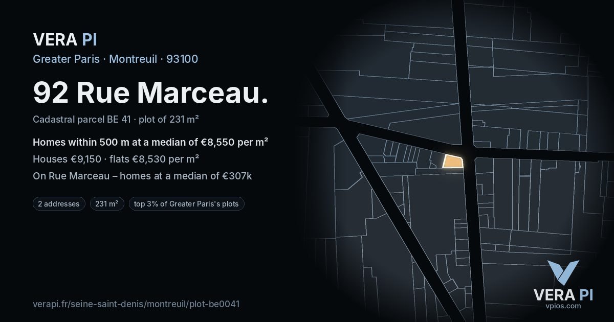 92 Rue Marceau, Montreuil at night – the plot lit, the parcels around coloured by the prices near them