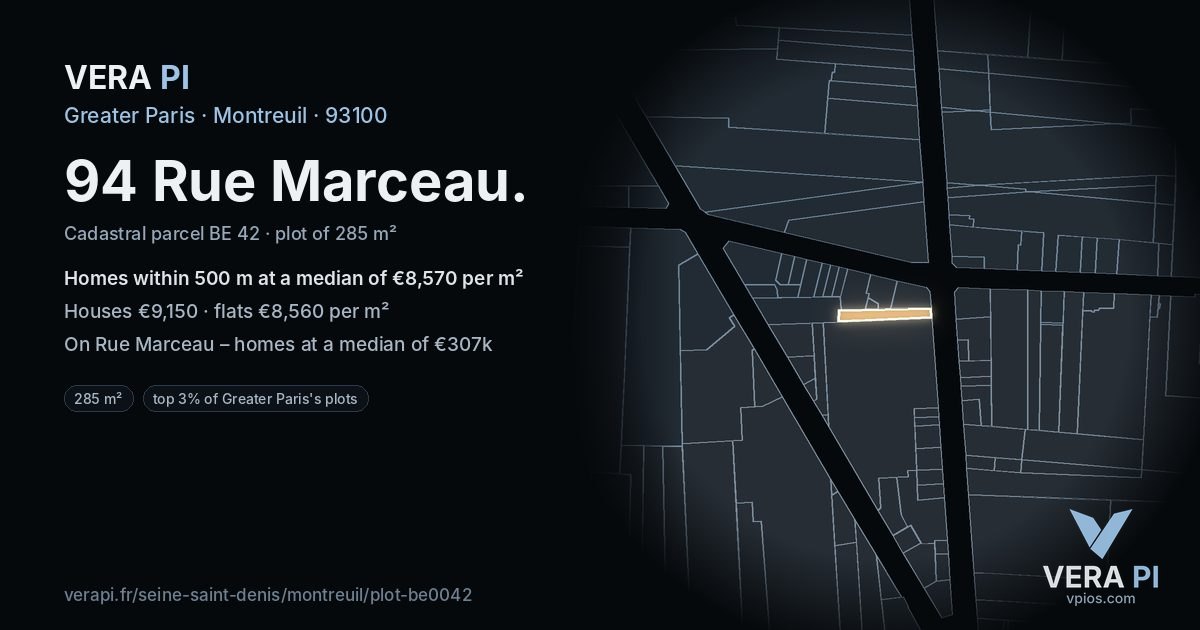 94 Rue Marceau, Montreuil at night – the plot lit, the parcels around coloured by the prices near them