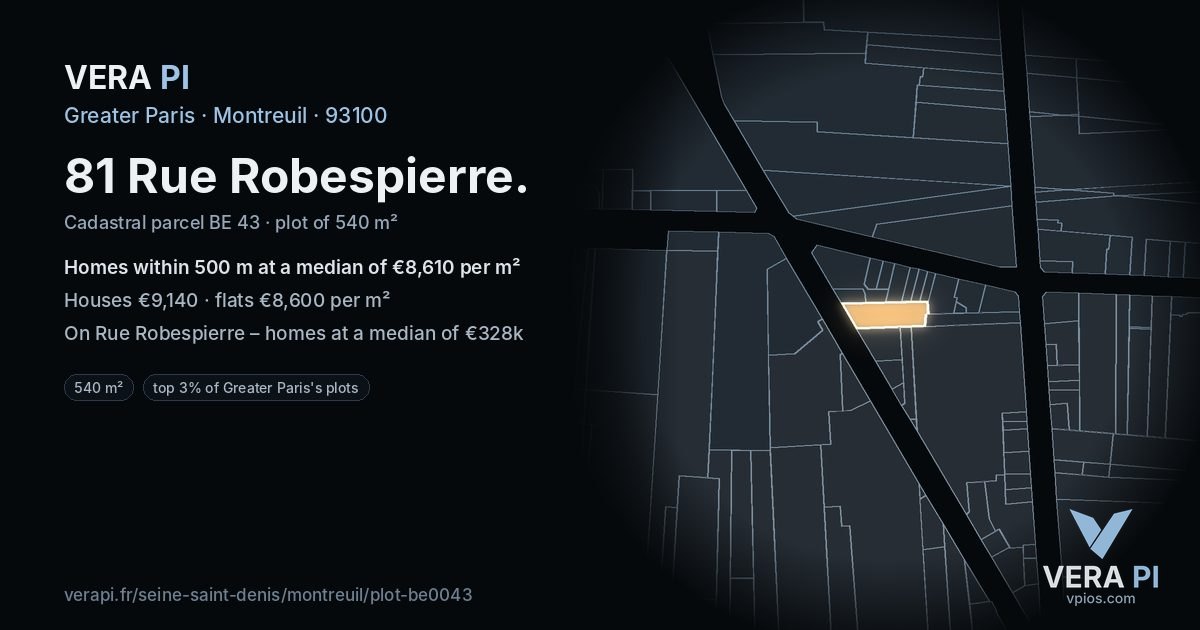 81 Rue Robespierre, Montreuil at night – the plot lit, the parcels around coloured by the prices near them