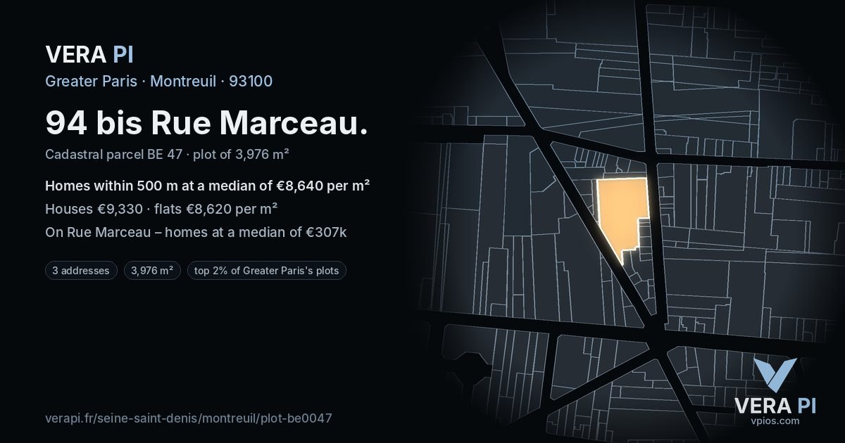 94 bis Rue Marceau, Montreuil at night – the plot lit, the parcels around coloured by the prices near them