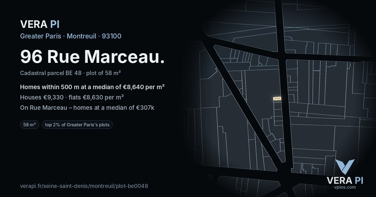 96 Rue Marceau, Montreuil at night – the plot lit, the parcels around coloured by the prices near them