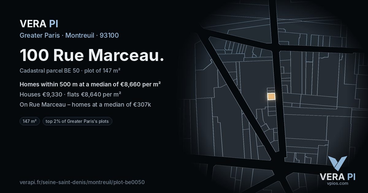 100 Rue Marceau, Montreuil at night – the plot lit, the parcels around coloured by the prices near them