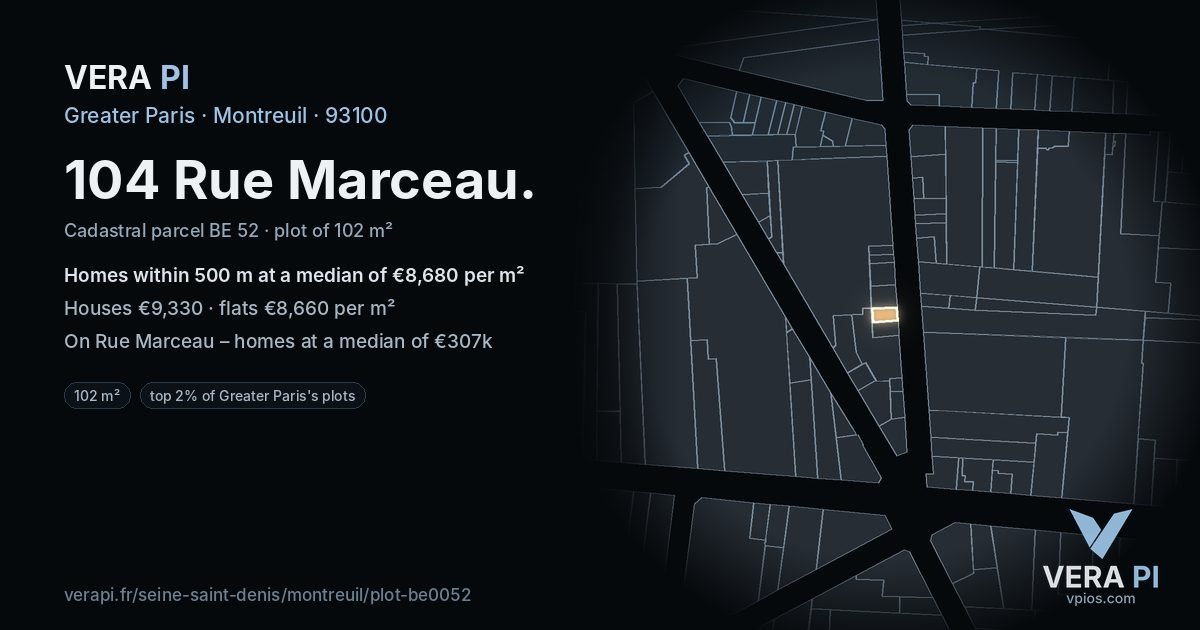 104 Rue Marceau, Montreuil at night – the plot lit, the parcels around coloured by the prices near them